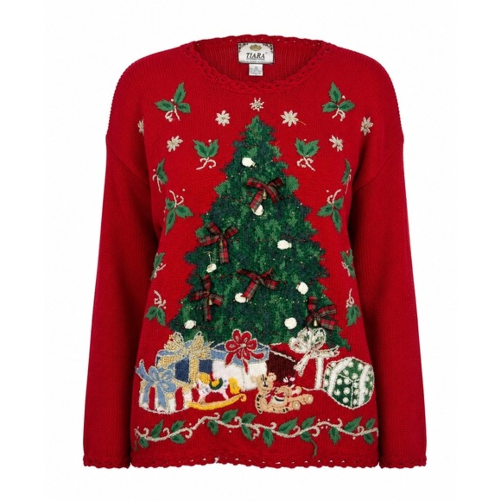 Tiara‎ International Red Christmas Tree Sweater Womens Size S Ugly Sweater